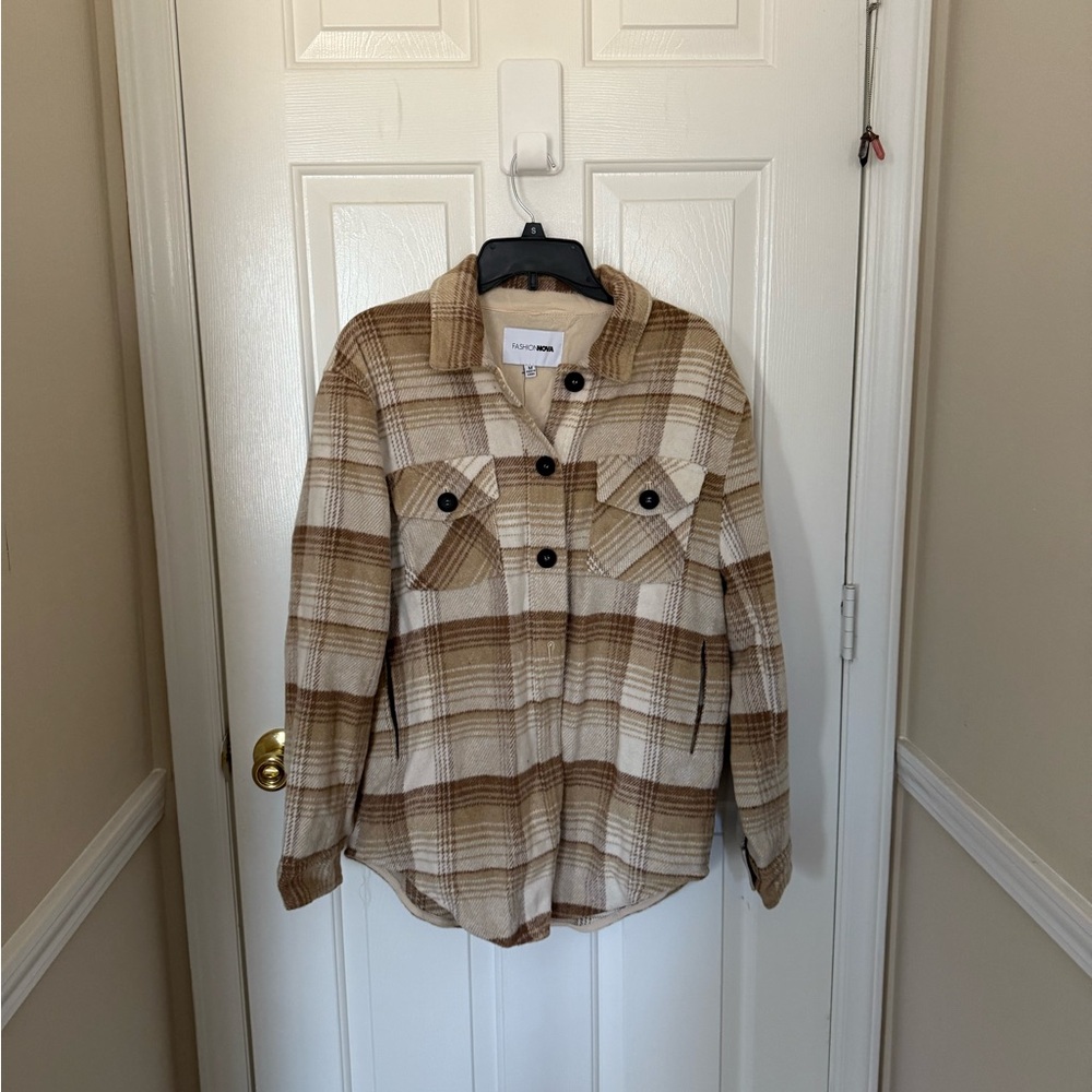 Fashion Nova Plaid Button-Up Shirt Jacket - Brown and Cream